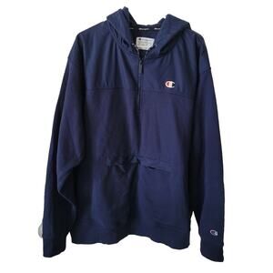 Champion 2XL Navy Blue Hoodie Front Pockets Spell Out Sweater Soft 1/2 Zip